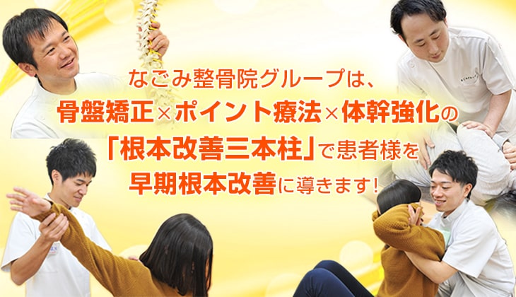 なごみ整骨院グループは、骨盤矯正×局所施術×体幹強化の「根本改善三本柱」で患者様を早期根本改善に導きます！