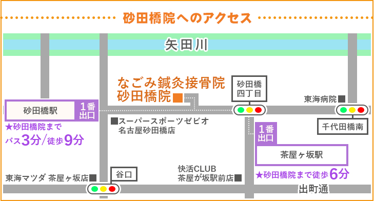 茶屋ヶ坂駅・砂田橋駅から徒歩８分の砂田橋院へのアクセス